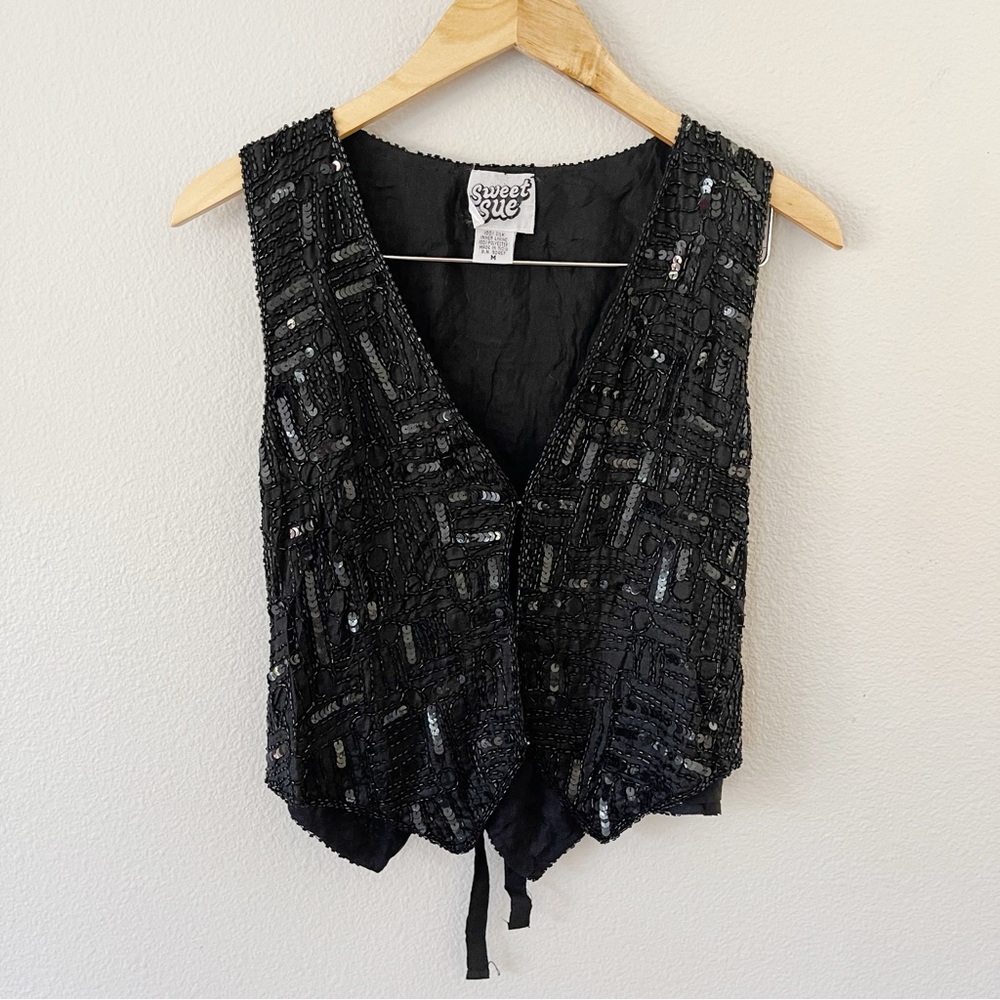 Vintage 80s Sweet Sue Black Silk Beaded Vest Size M